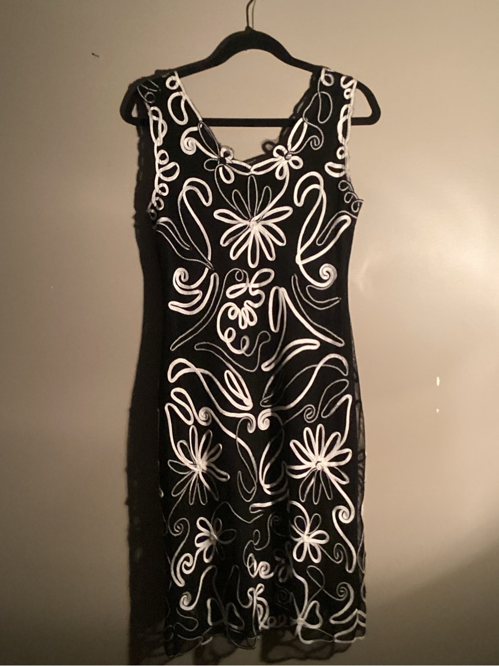 Frank Lyman Design Black Dress with White Floral Swirl Embroidery